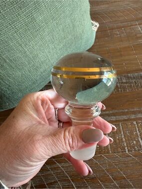 Mid Century Modern Gold Banded Crystal Ball Decanter Stopper Glam Barware